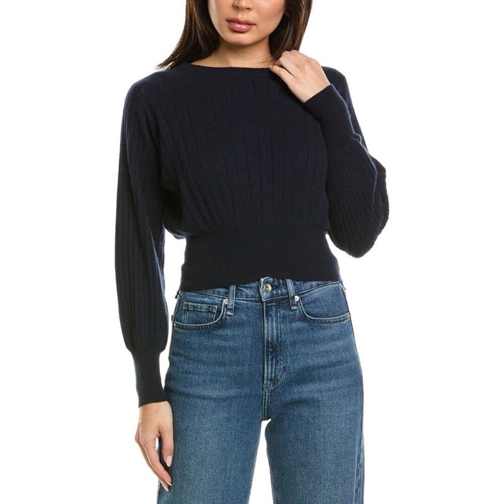 Brodie Cashmere Womens  Pixie Ribbed Crewneck 100% Cashmere Sweater, Navy